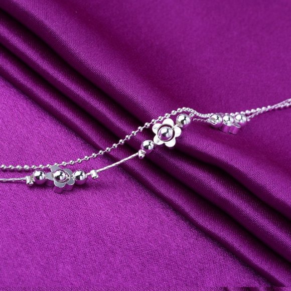 NEW 925 Sterling Silver Flower Bead Anklet - Picture 2 of 2
